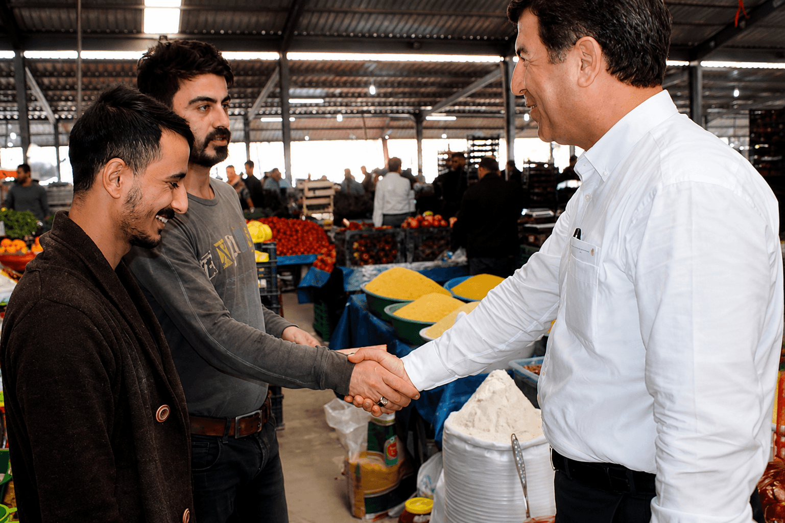 Mersin pazarında vatandaşla temas eden lider profili